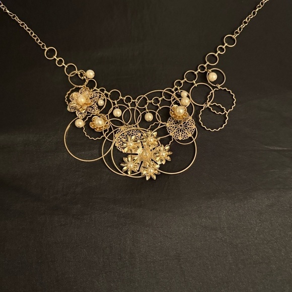 Gold Floral Statement Necklace with Pearl Accents - Picture 5 of 7